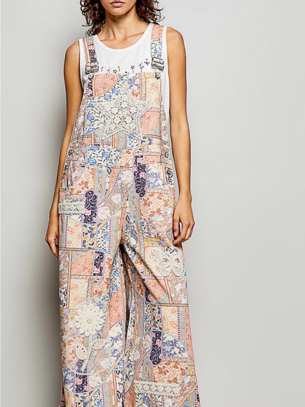 POL Patchwork Floral Lace-Accent Wide-Leg Overalls - Peach, Blue, Cream